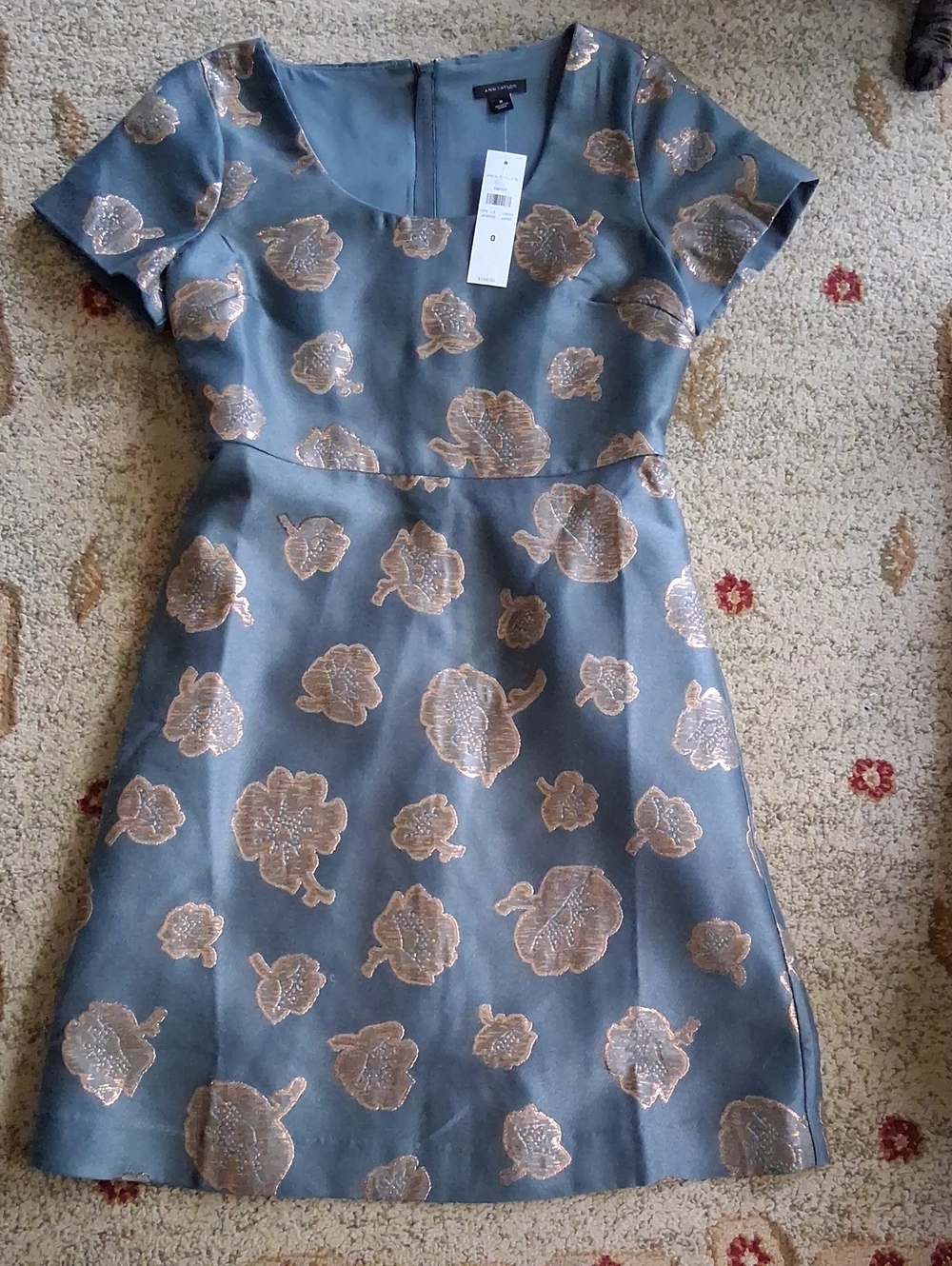 Ann Taylor Slate Blue Dress with Metallic Gold Floral Jacquard